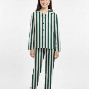 Green & White Striped Winter Night Suit – Soft & Stylish Sleepwear.